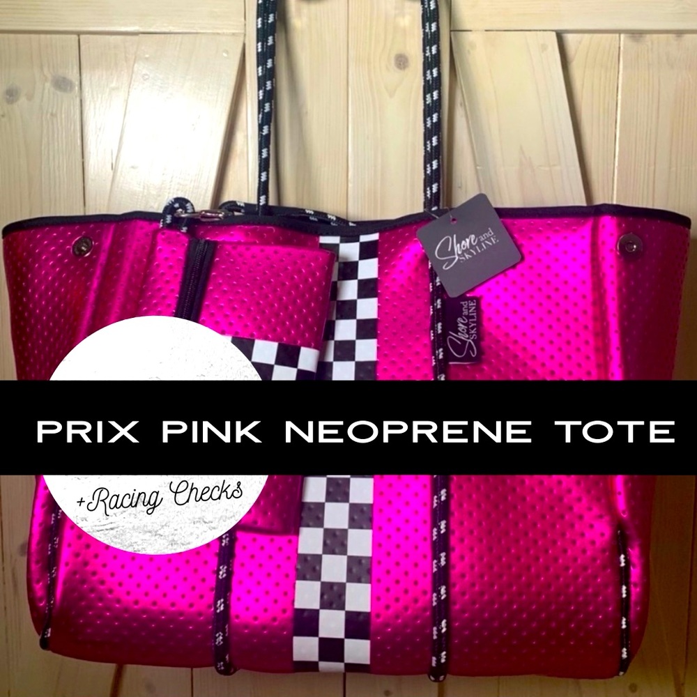 Neoprene Racer Tote Bag Prix Hot Pink or Titanium Disco racing checks waterproof - Picture 2 of 16